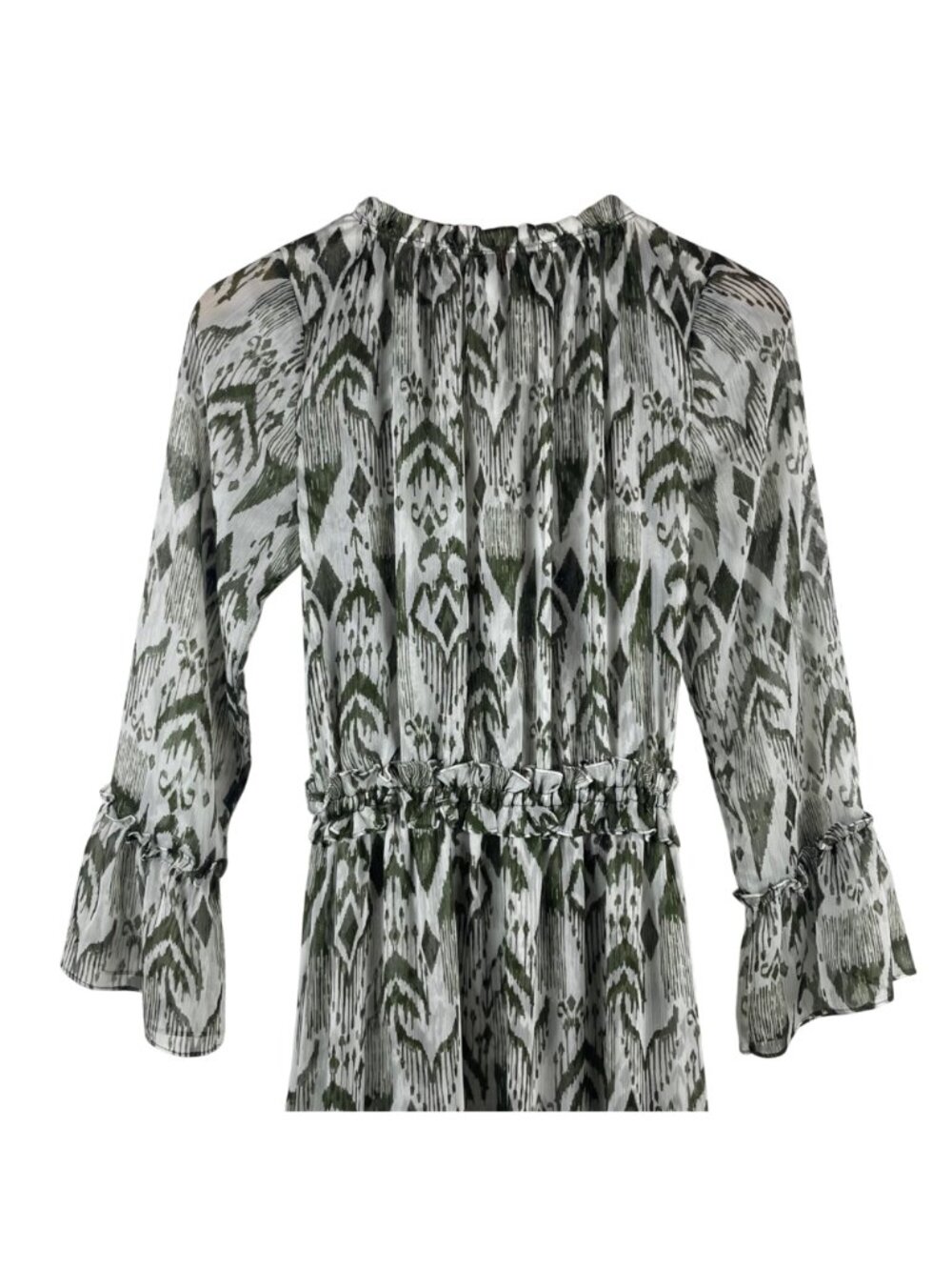 MISA Los Angeles Hadeya Green White Ikat Print Tiered Midi Dress Ruffles Small - Picture 10 of 13
